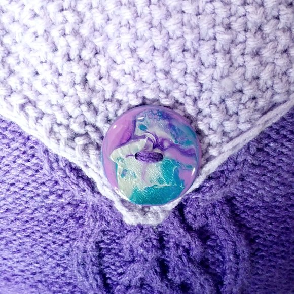 Hand Crafted Knit Throw Pillow Purple Cable Hand Painted Resin Buttons D… - Picture 3 of 12